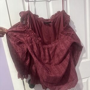 Lane Bryant Off The Shoulder Blouse Maroon Eyelet Lace Top 14/16